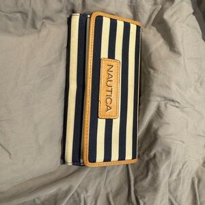Nautica Navy and Cream Striped Wallet with Tan Trim